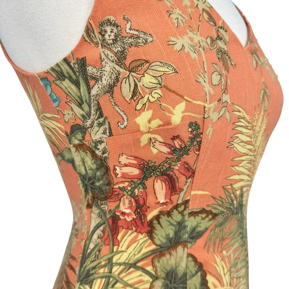 Vintage Talbots Tropical Jungle Monkey Print Beaded Sheath Dress 6 Coral V Neck